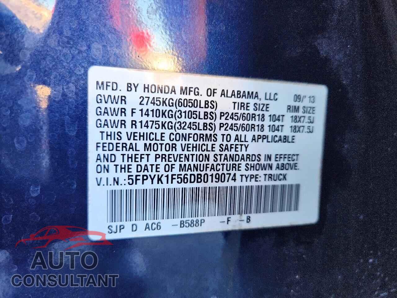 HONDA RIDGELINE 2013 - 5FPYK1F56DB019074