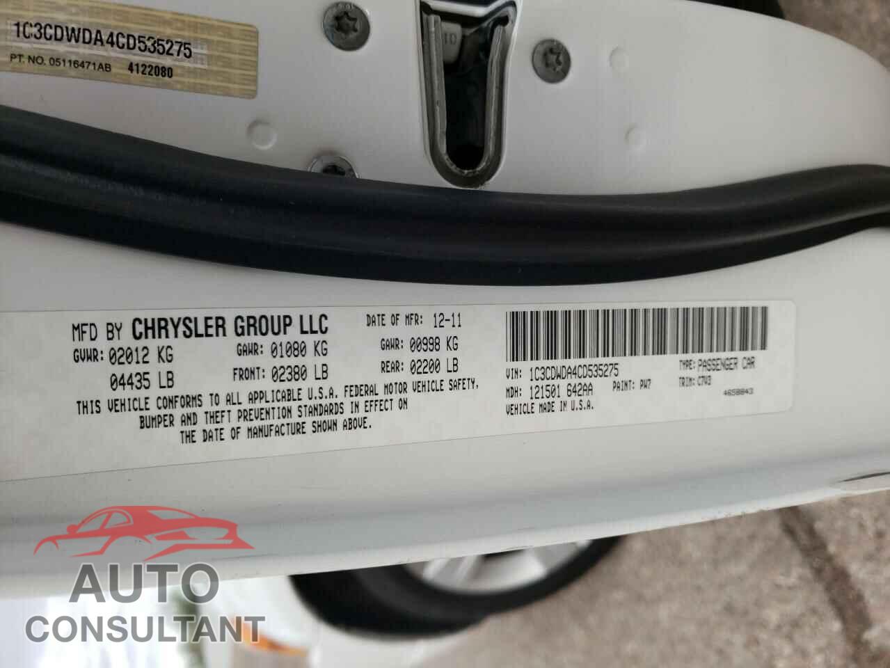 DODGE CALIBER 2012 - 1C3CDWDA4CD535275