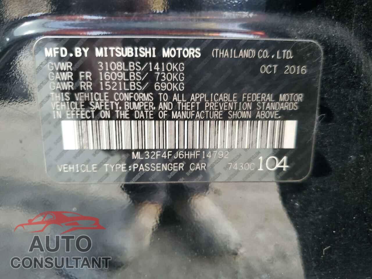 MITSUBISHI MIRAGE 2017 - ML32F4FJ6HHF14792