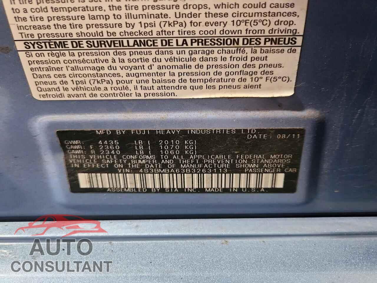 SUBARU LEGACY 2011 - 4S3BMBA63B3263113