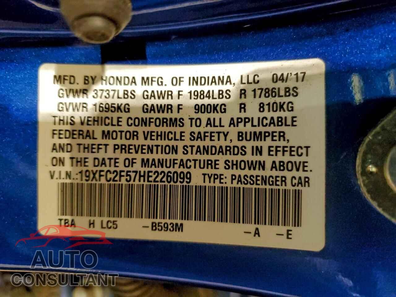 HONDA CIVIC 2017 - 19XFC2F57HE226099
