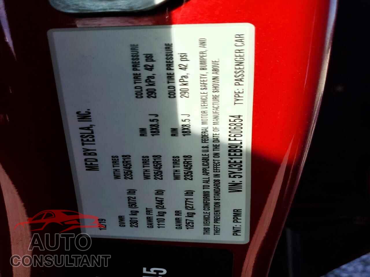 TESLA MODEL 3 2020 - 5YJ3E1EB9LF606854