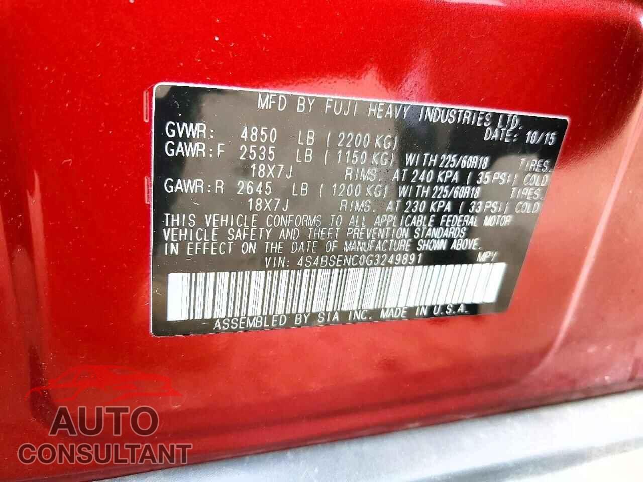 SUBARU OUTBACK 2016 - 4S4BSENC0G3249891