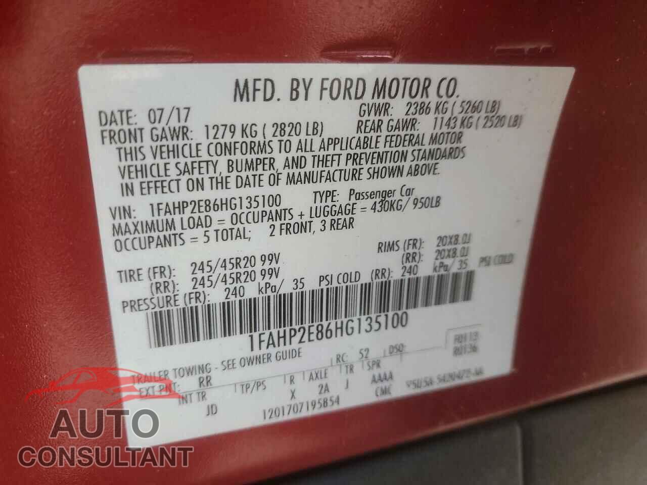 FORD TAURUS 2017 - 1FAHP2E86HG135100