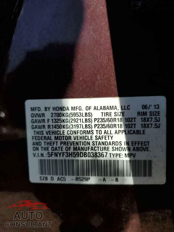 HONDA PILOT 2013 - 5FNYF3H59DB038367