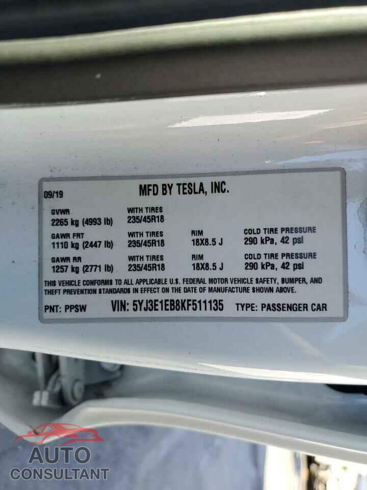 TESLA MODEL 3 2019 - 5YJ3E1EB8KF511135
