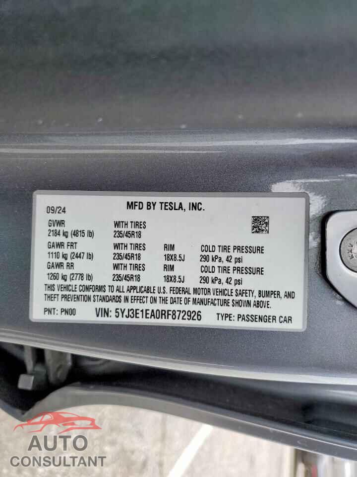 TESLA MODEL 3 2024 - 5YJ3E1EA0RF872926