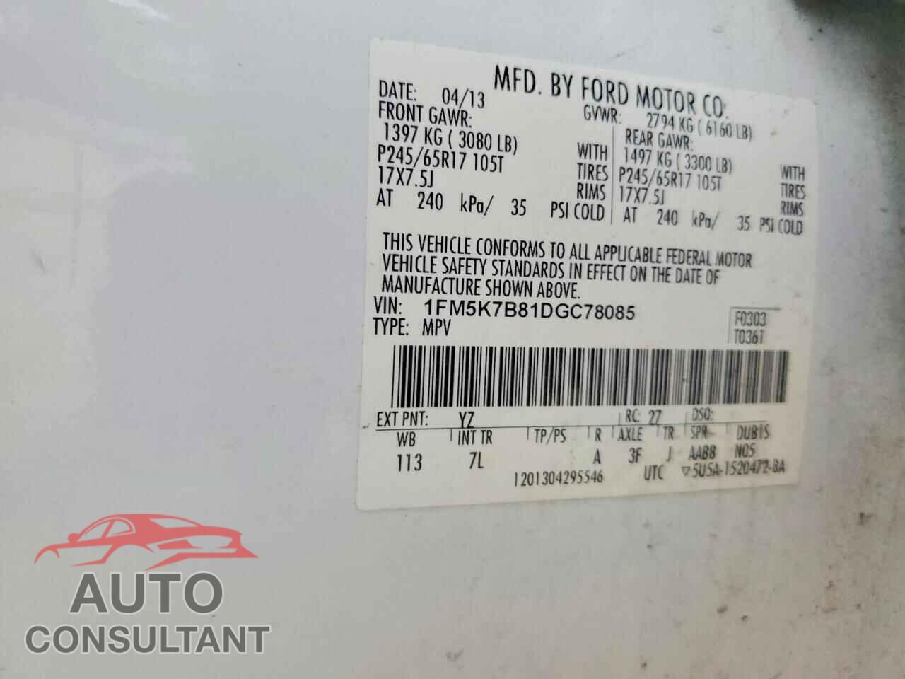 FORD EXPLORER 2013 - 1FM5K7B81DGC78085