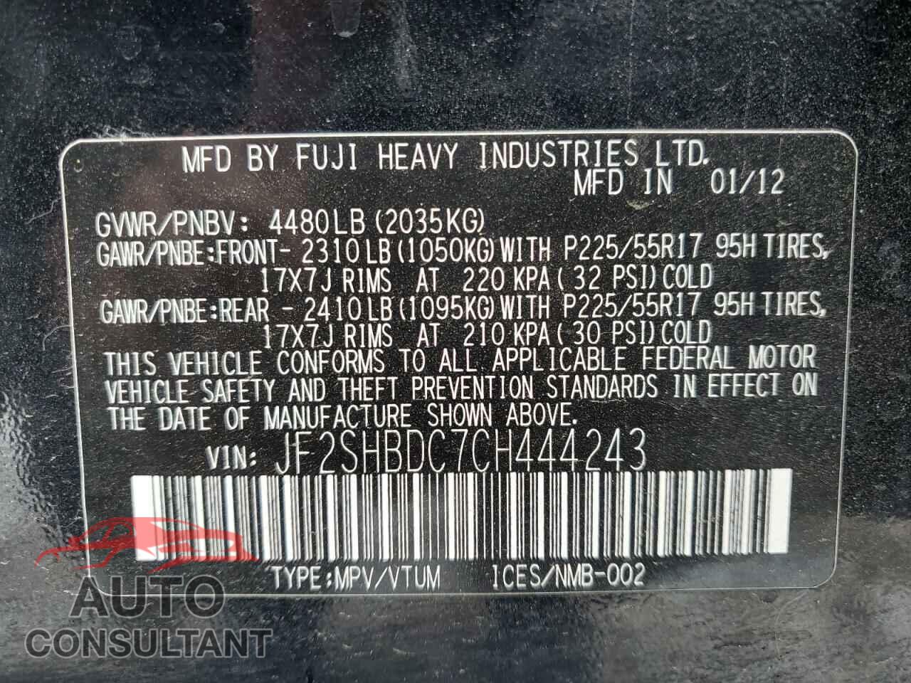 SUBARU FORESTER 2012 - JF2SHBDC7CH444243