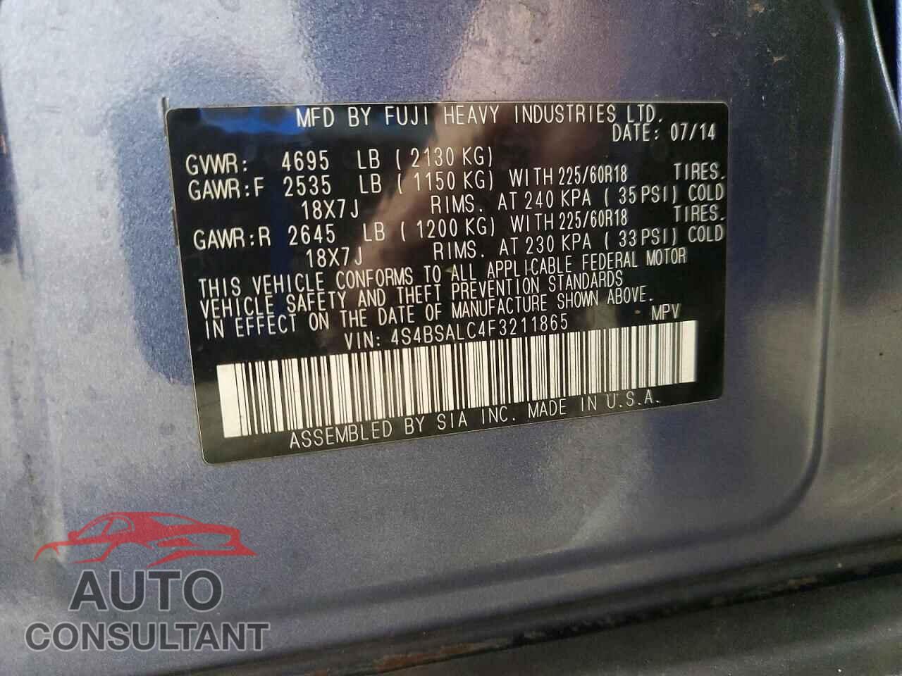 SUBARU OUTBACK 2015 - 4S4BSALC4F3211865