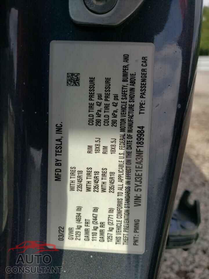 TESLA MODEL 3 2022 - 5YJ3E1EA3NF189984