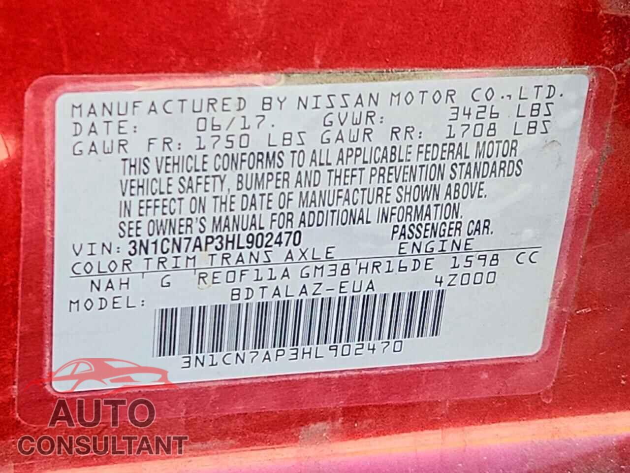 NISSAN VERSA 2017 - 3N1CN7AP3HL902470