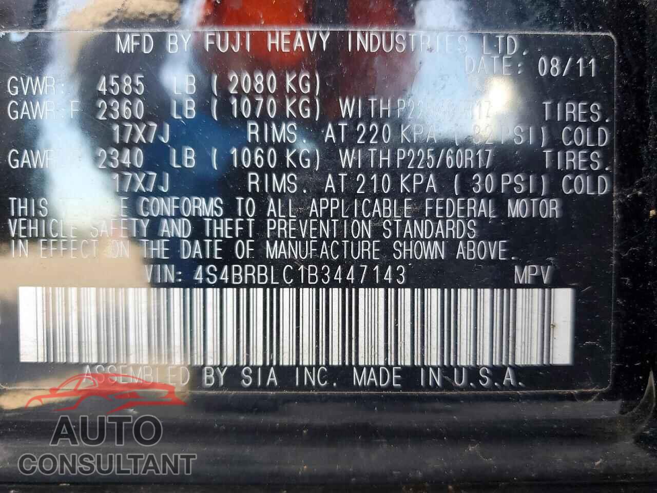 SUBARU OUTBACK 2011 - 4S4BRBLC1B3447143