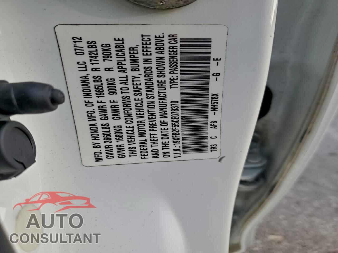 HONDA CIVIC 2012 - 19XFB2F55CE078370