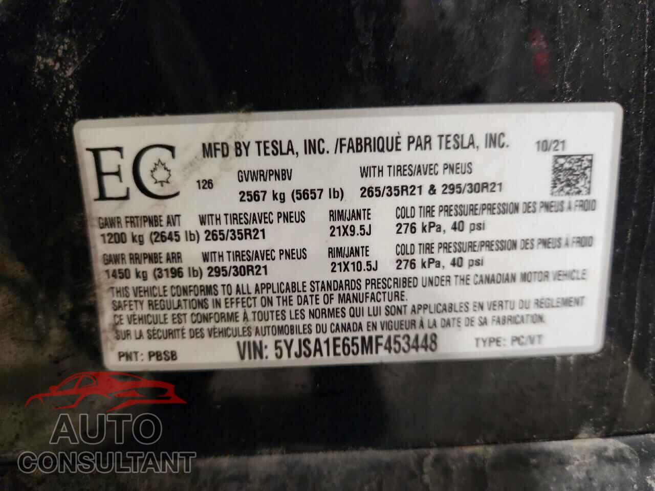 TESLA MODEL S 2021 - 5YJSA1E65MF453448