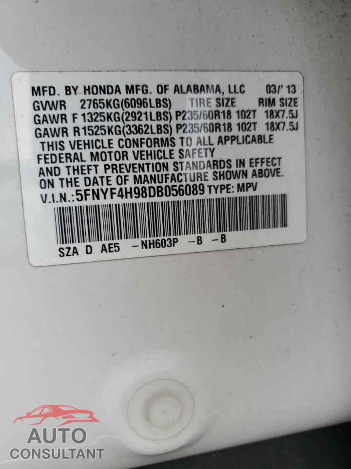 HONDA PILOT 2013 - 5FNYF4H98DB056089
