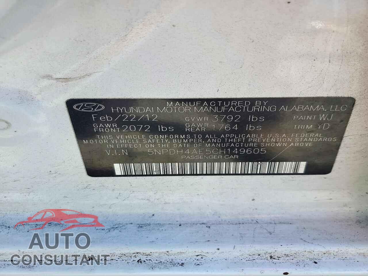 HYUNDAI ELANTRA 2012 - 5NPDH4AE5CH149605