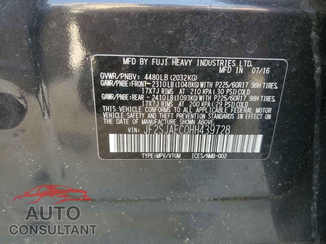 SUBARU FORESTER 2017 - JF2SJAEC0HH439728