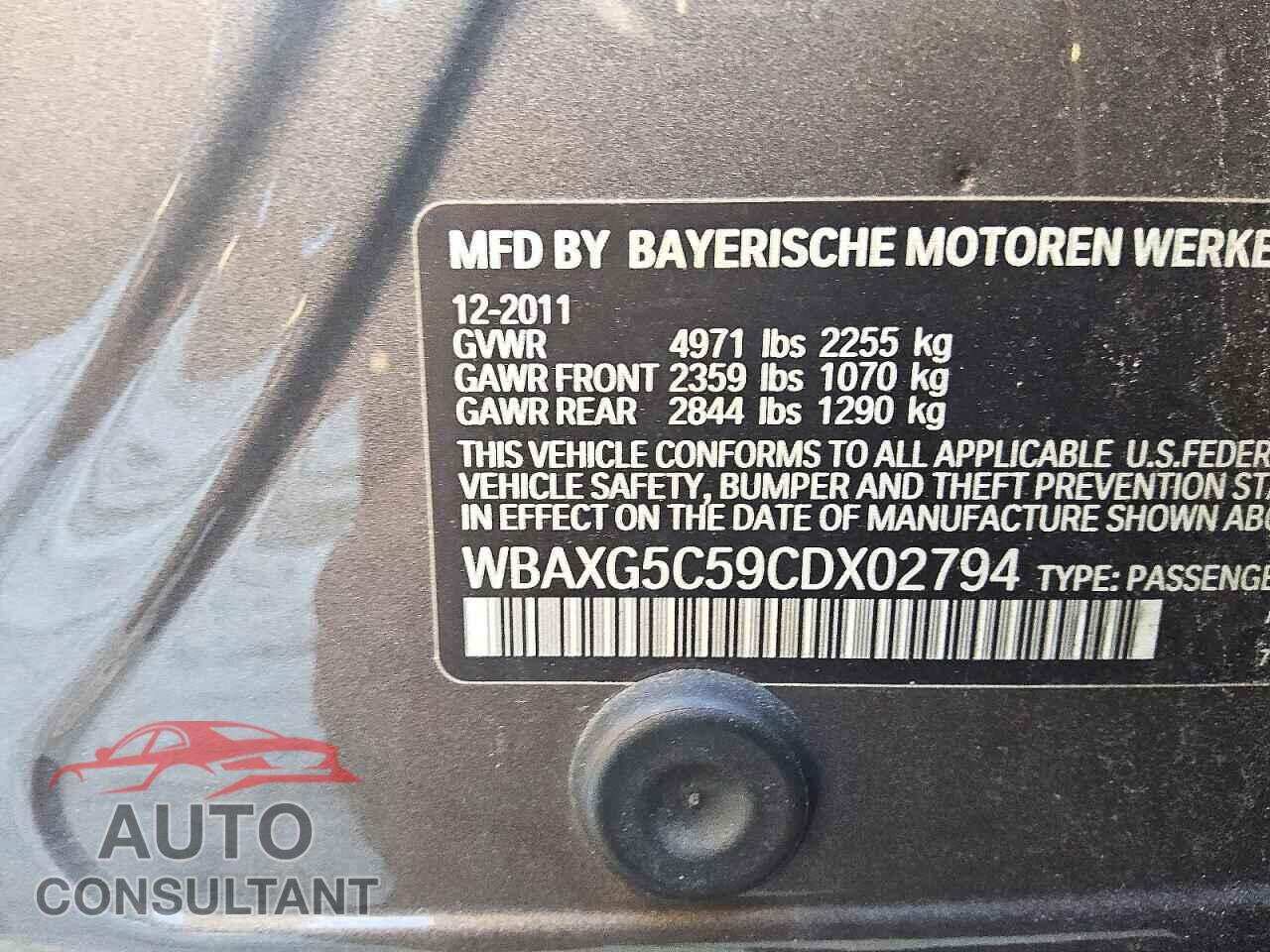 BMW 5 SERIES 2012 - WBAXG5C59CDX02794