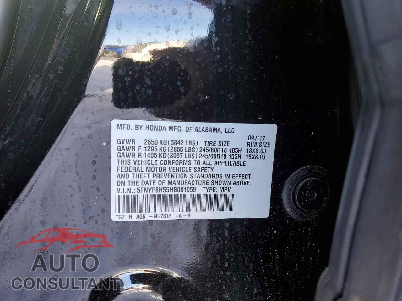 HONDA PILOT 2017 - 5FNYF6H55HB081059