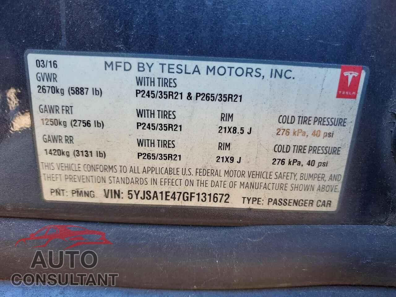 TESLA MODEL S 2016 - 5YJSA1E47GF131672