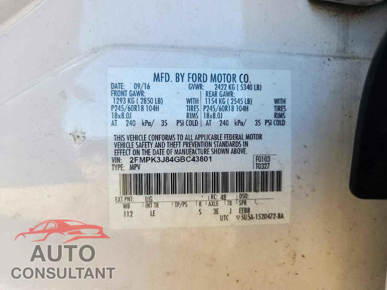 FORD EDGE 2016 - 2FMPK3J84GBC43801