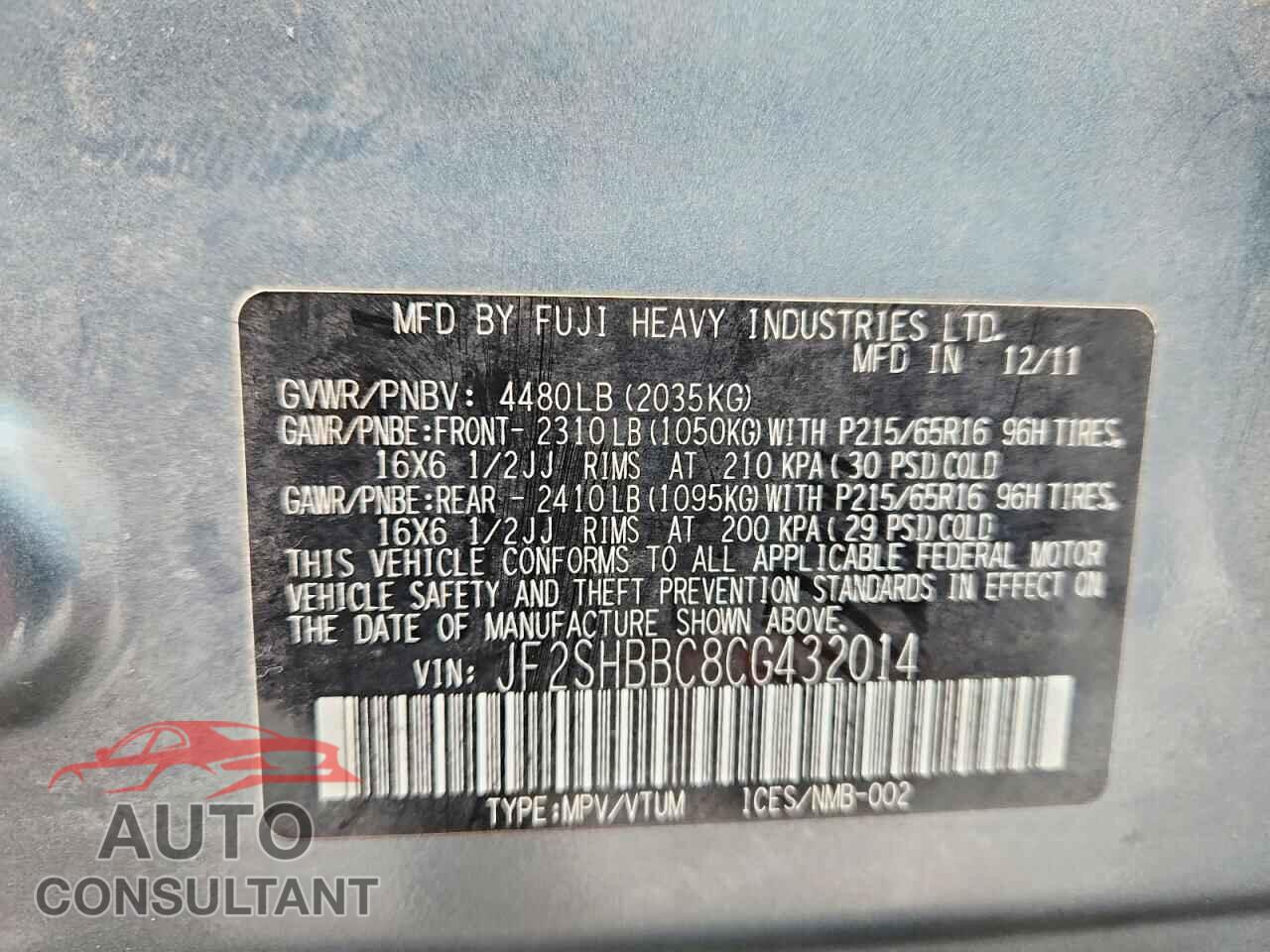 SUBARU FORESTER 2012 - JF2SHBBC8CG432014