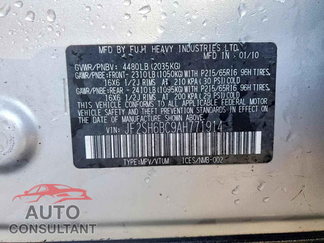 SUBARU FORESTER 2010 - JF2SH6BC9AH771914