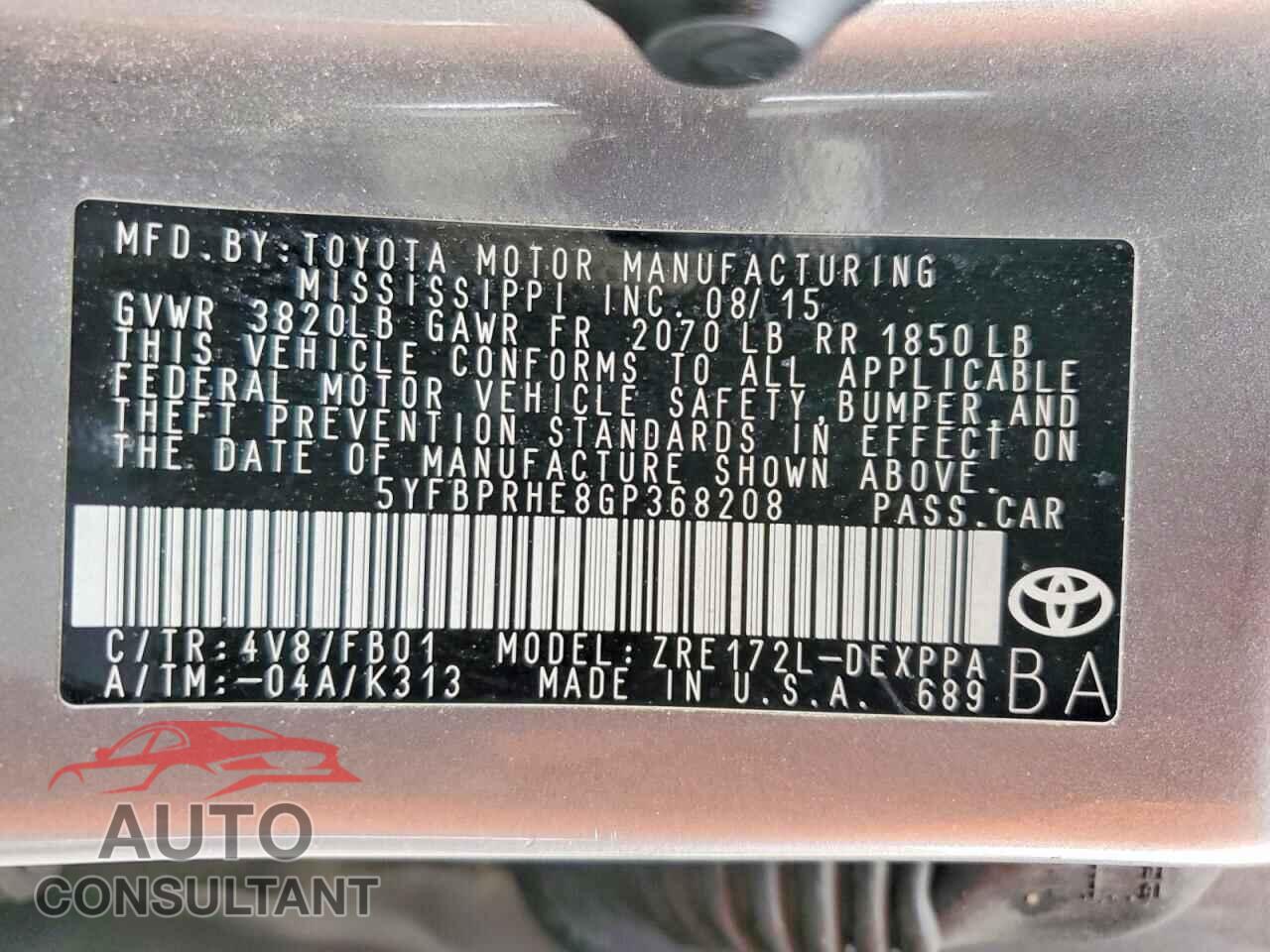TOYOTA COROLLA 2016 - 5YFBPRHE8GP368208