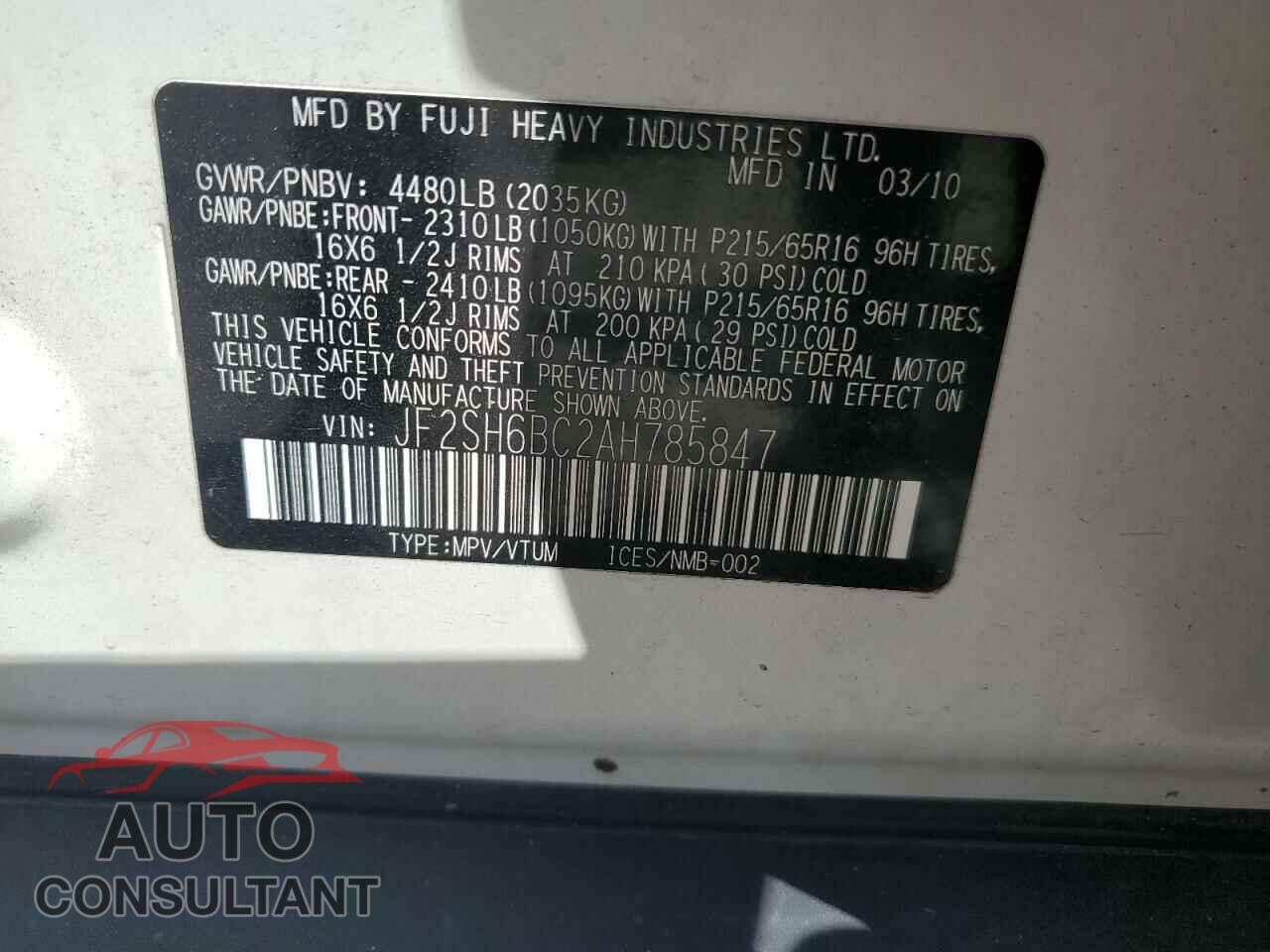 SUBARU FORESTER 2010 - JF2SH6BC2AH785847