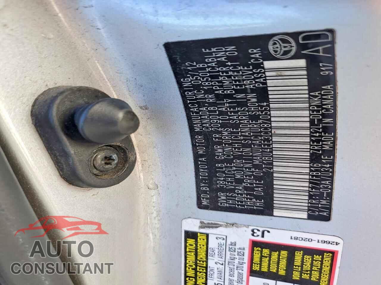 TOYOTA COROLLA 2012 - 2T1BU4EE3CC870554