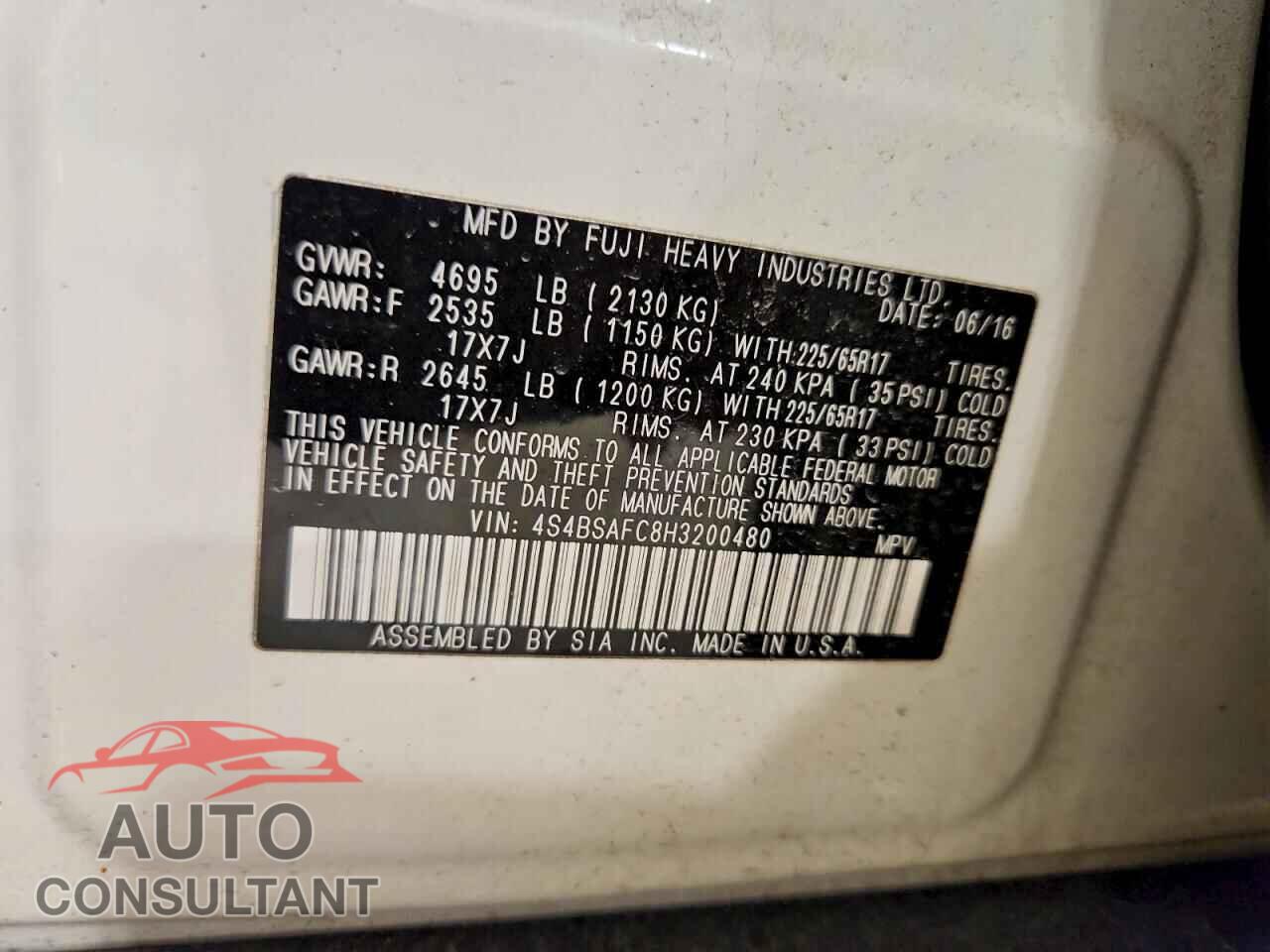 SUBARU OUTBACK 2017 - 4S4BSAFC8H3200480