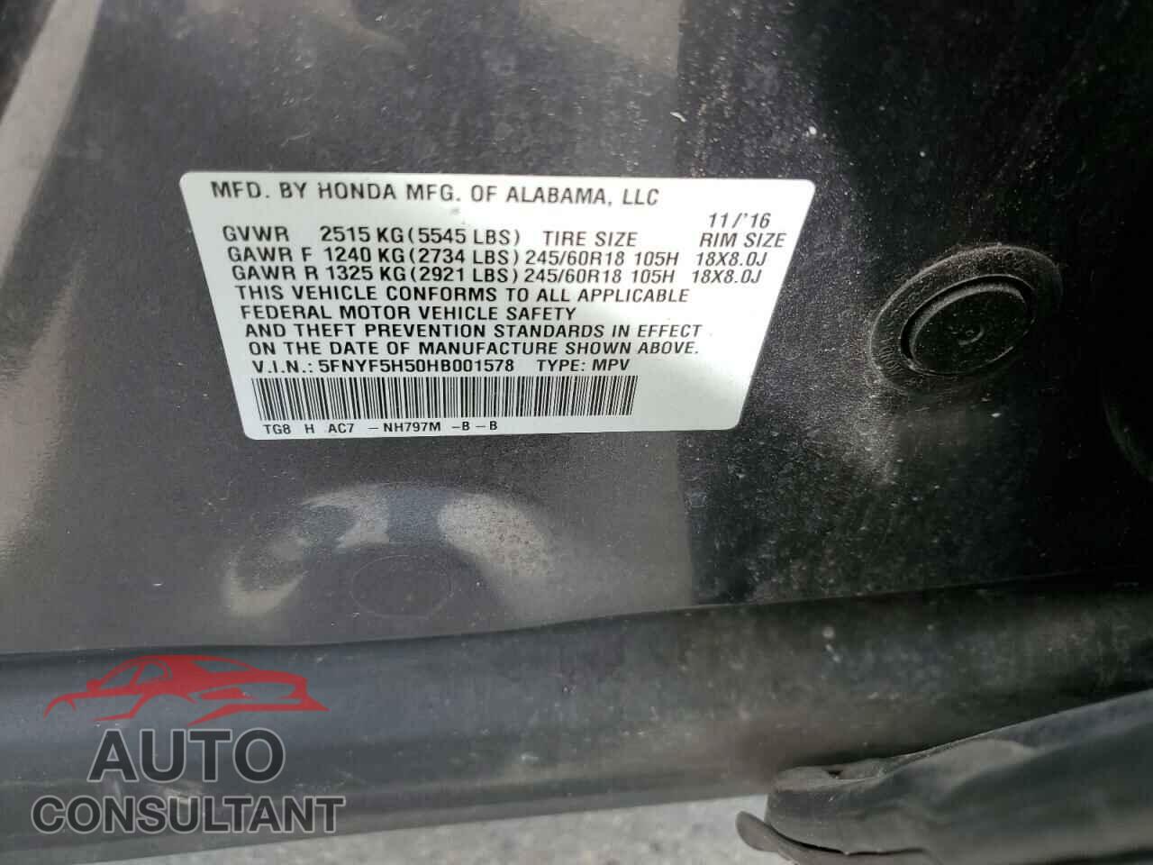 HONDA PILOT 2017 - 5FNYF5H50HB001578
