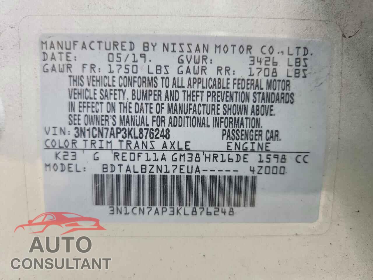 NISSAN VERSA 2019 - 3N1CN7AP3KL876248