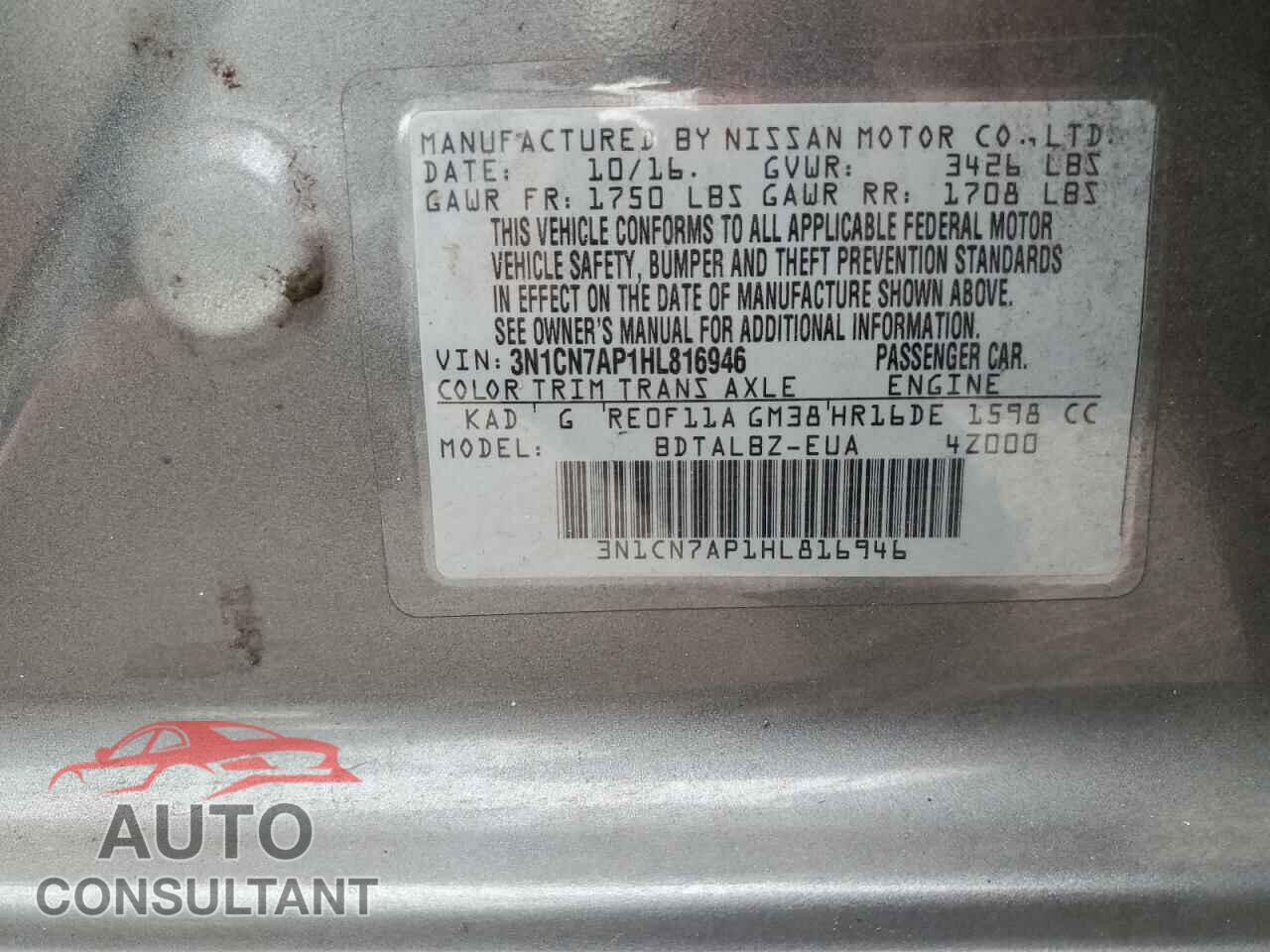 NISSAN VERSA 2017 - 3N1CN7AP1HL816946