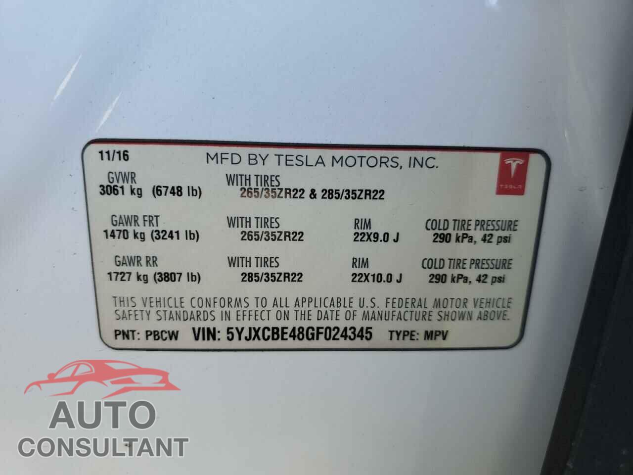 TESLA MODEL X 2016 - 5YJXCBE48GF024345