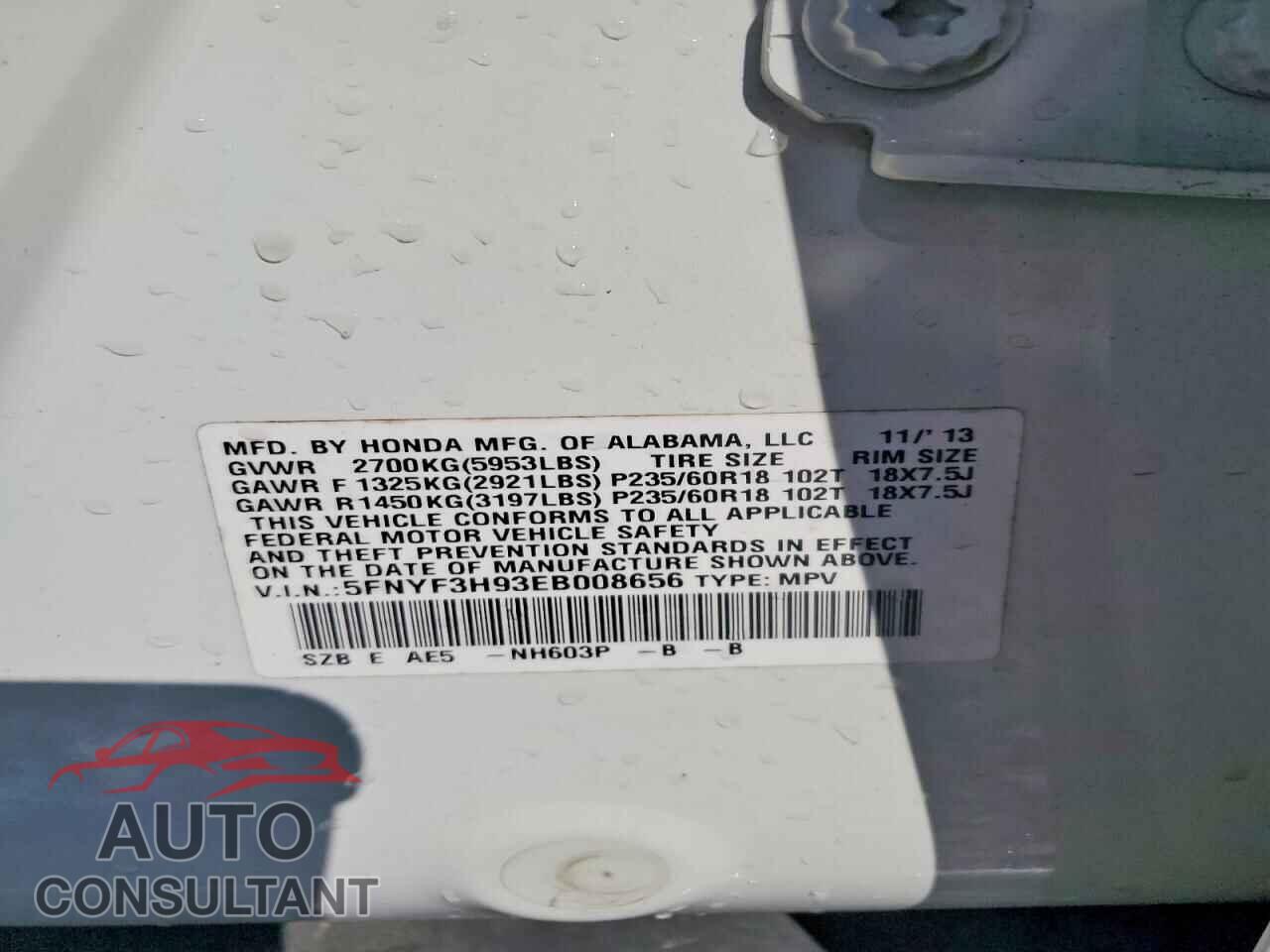 HONDA PILOT 2014 - 5FNYF3H93EB008656