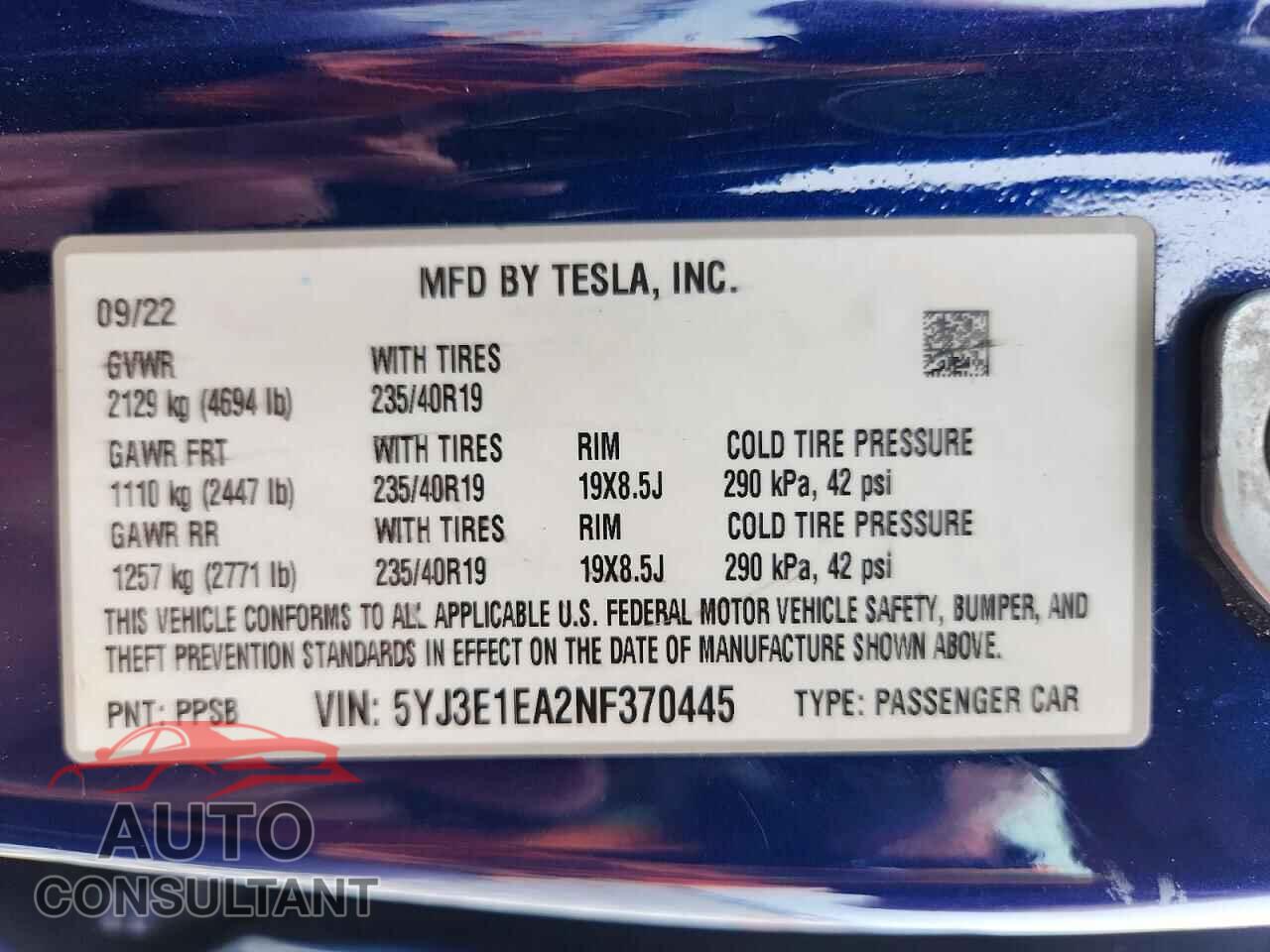 TESLA MODEL 3 2022 - 5YJ3E1EA2NF370445