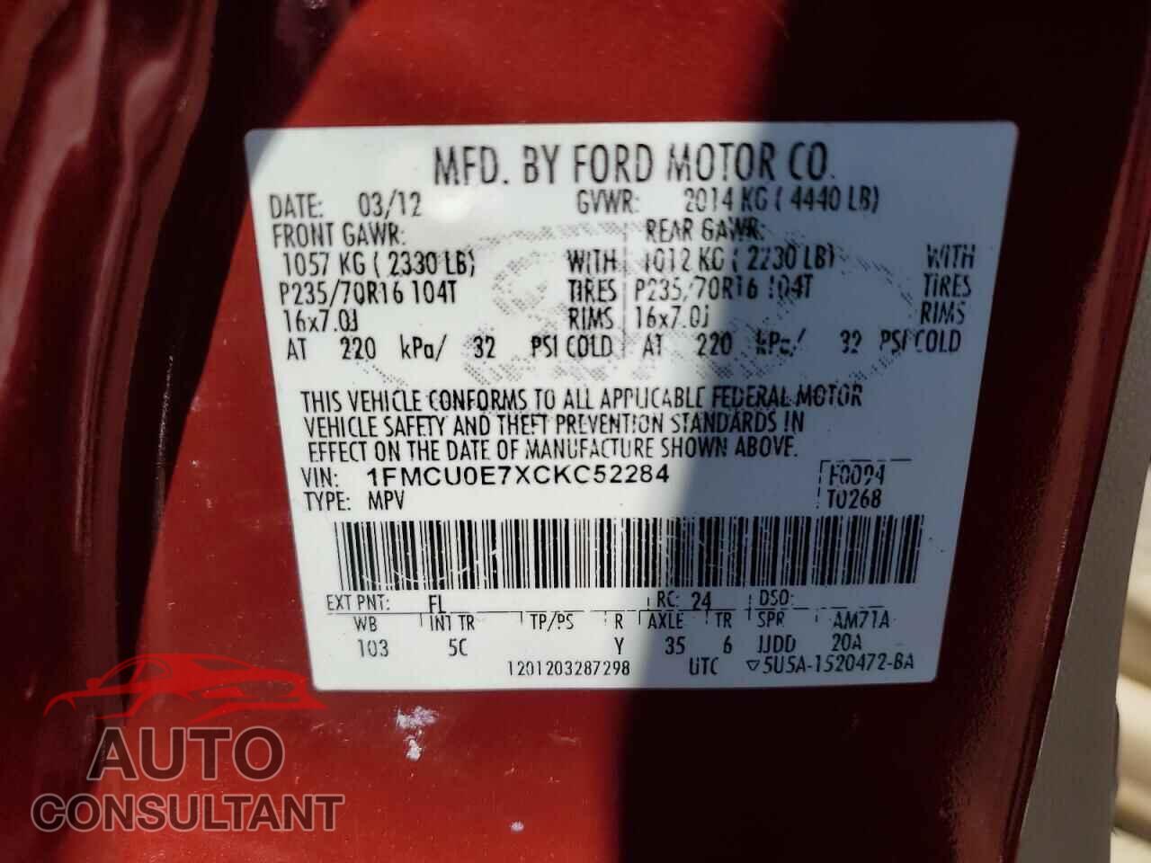 FORD ESCAPE 2012 - 1FMCU0E7XCKC52284