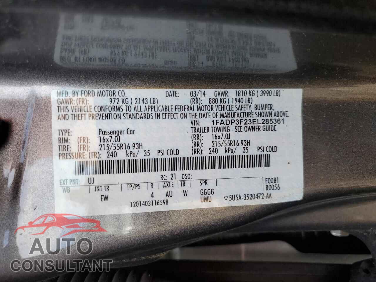 FORD FOCUS 2014 - 1FADP3F23EL285361