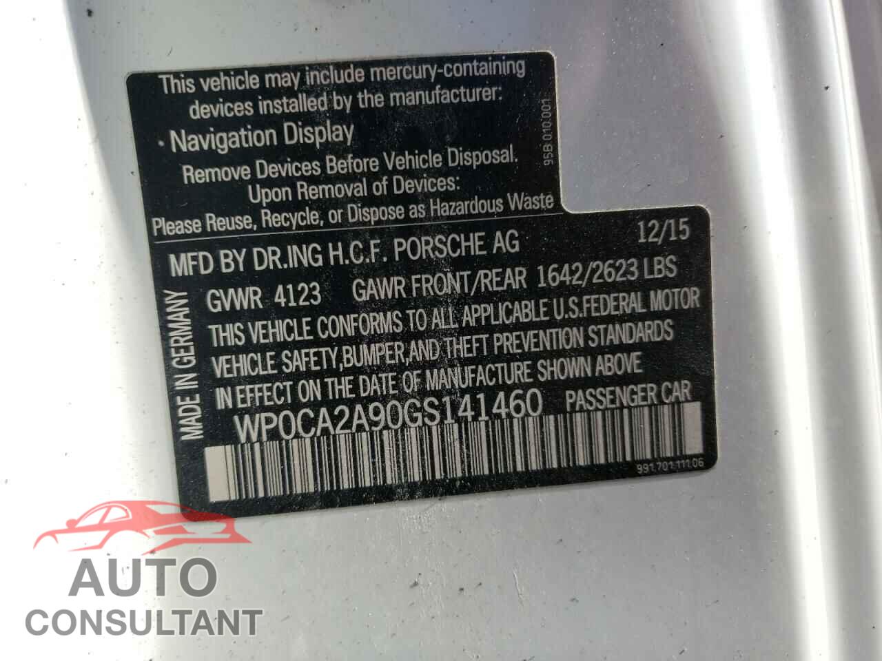 PORSCHE 911 2016 - WP0CA2A90GS141460