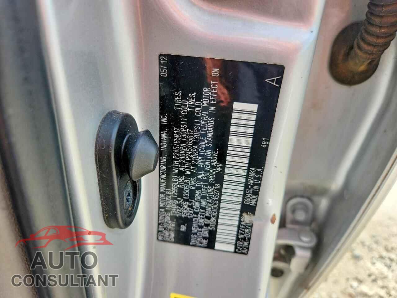 TOYOTA HIGHLANDER 2012 - 5TDBK3EH3CS153718