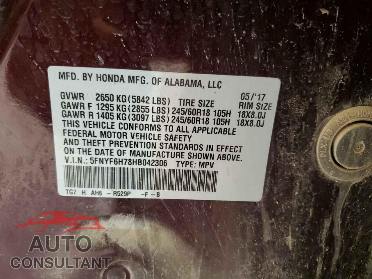 HONDA PILOT 2017 - 5FNYF6H78HB042306