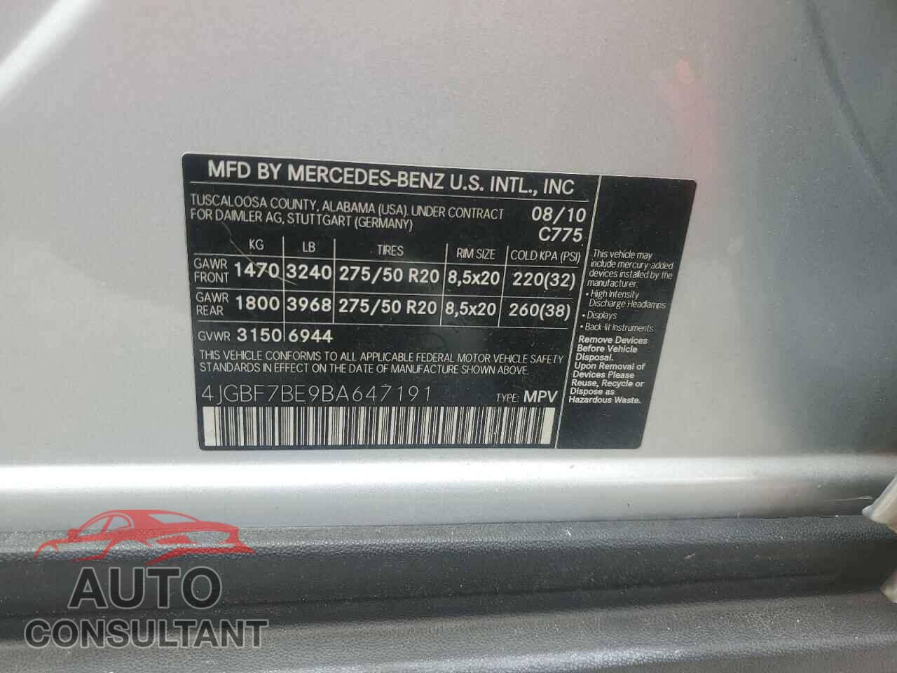 MERCEDES-BENZ GL-CLASS 2011 - 4JGBF7BE9BA647191