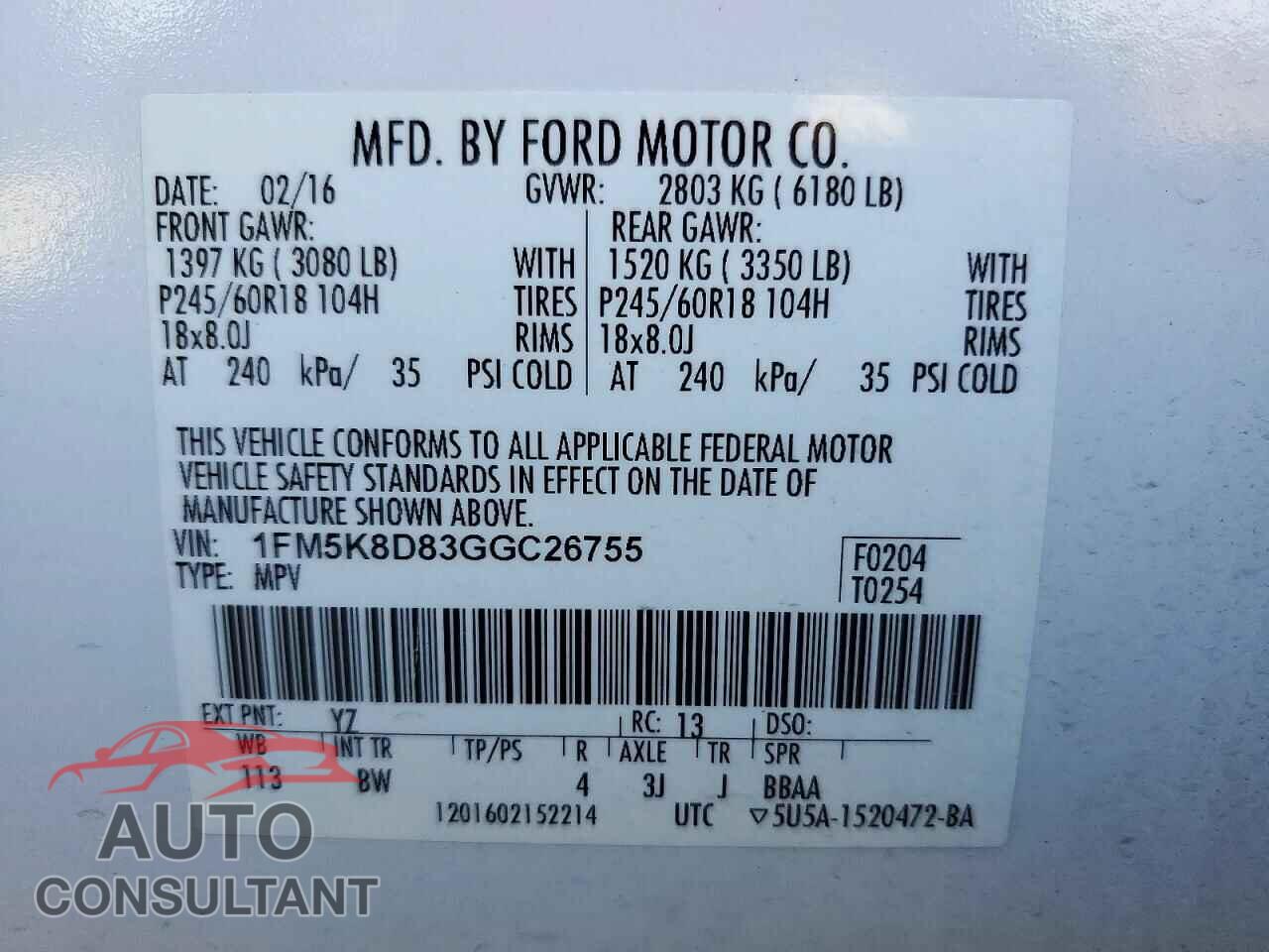 FORD EXPLORER 2016 - 1FM5K8D83GGC26755
