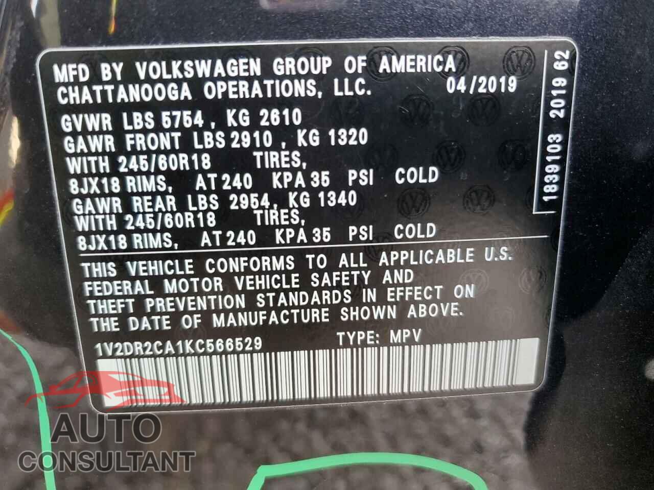 VOLKSWAGEN ATLAS 2019 - 1V2DR2CA1KC566529