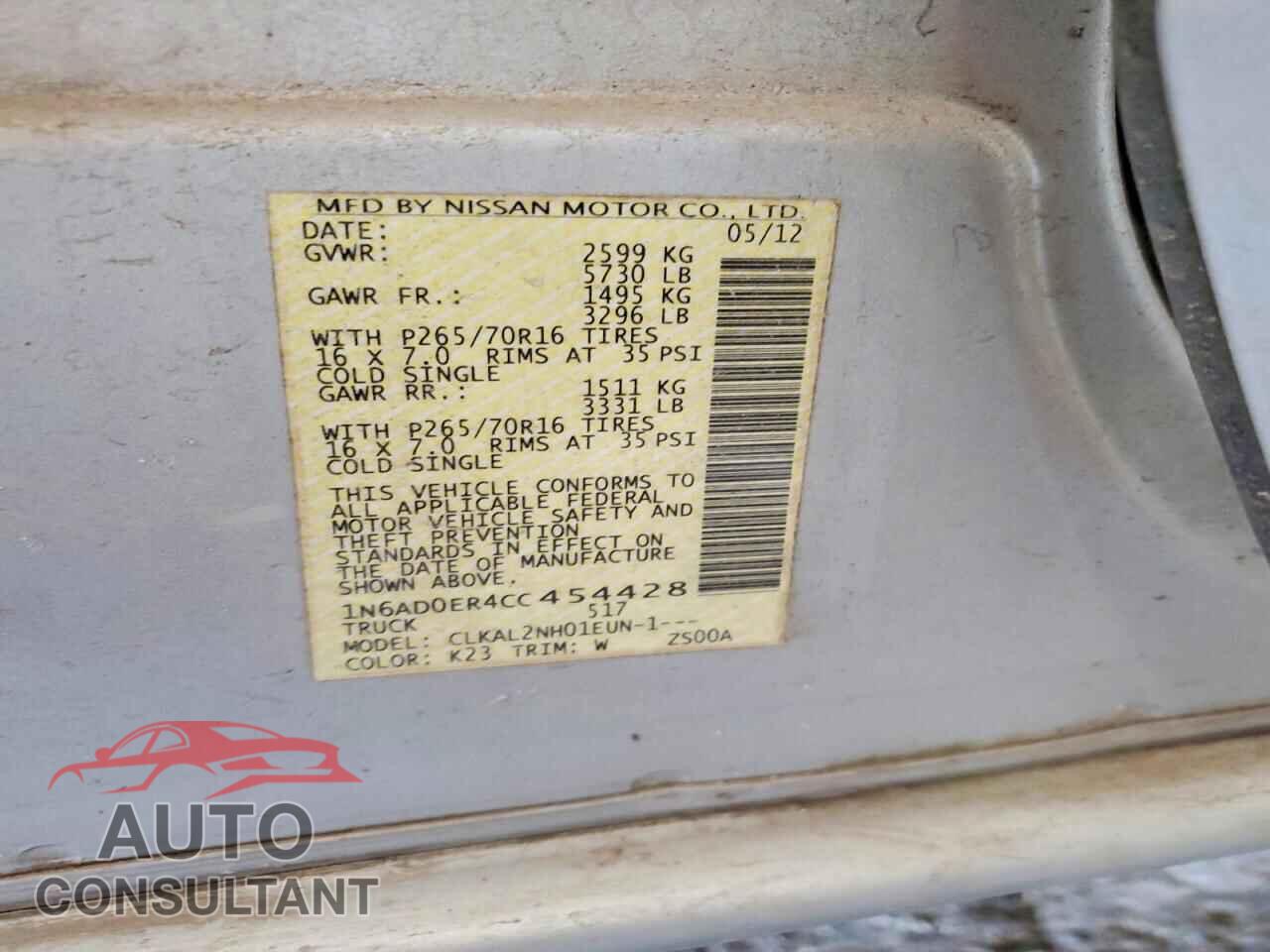 NISSAN FRONTIER 2012 - 1N6AD0ER4CC454428