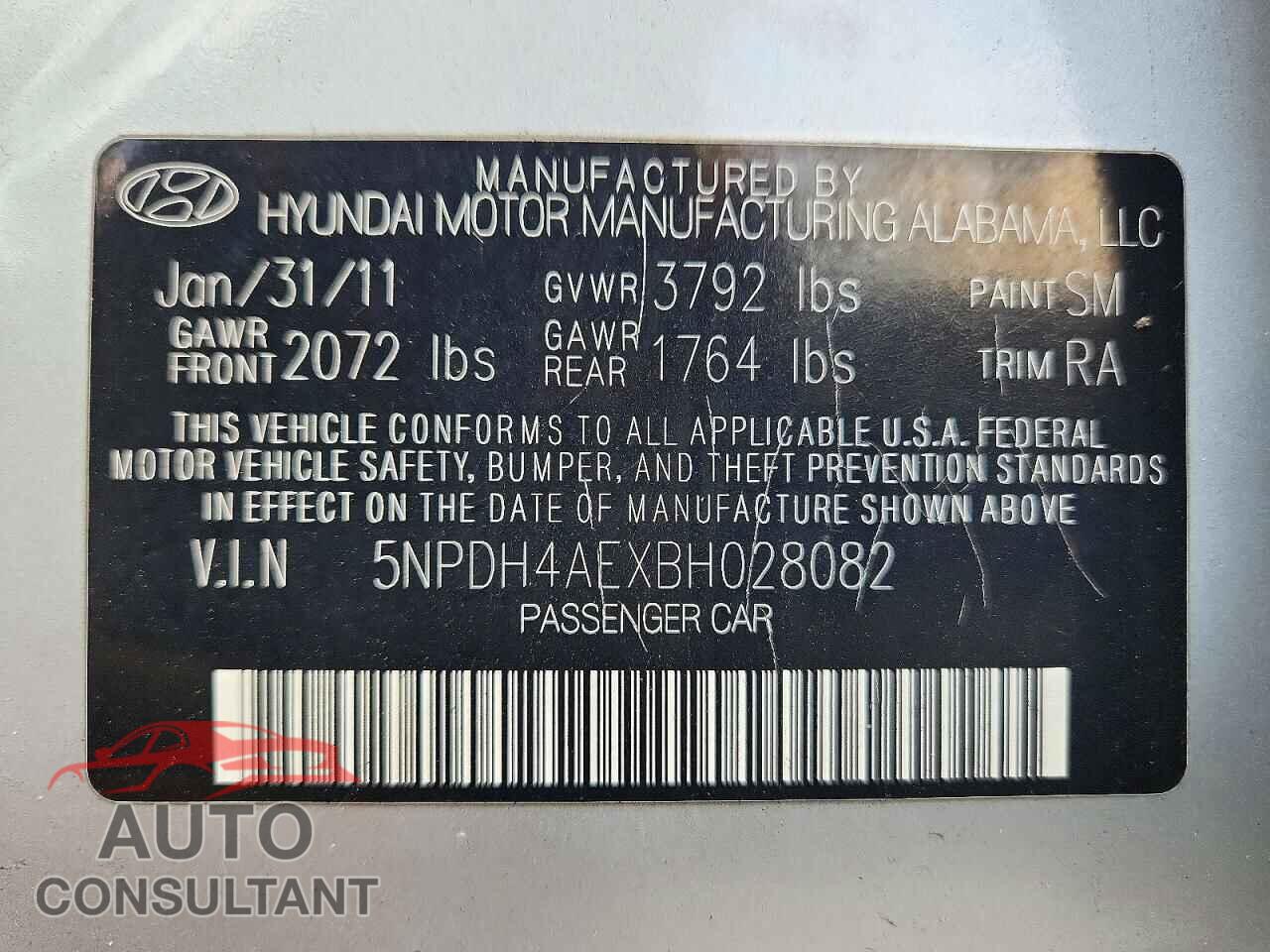 HYUNDAI ELANTRA 2011 - 5NPDH4AEXBH028082