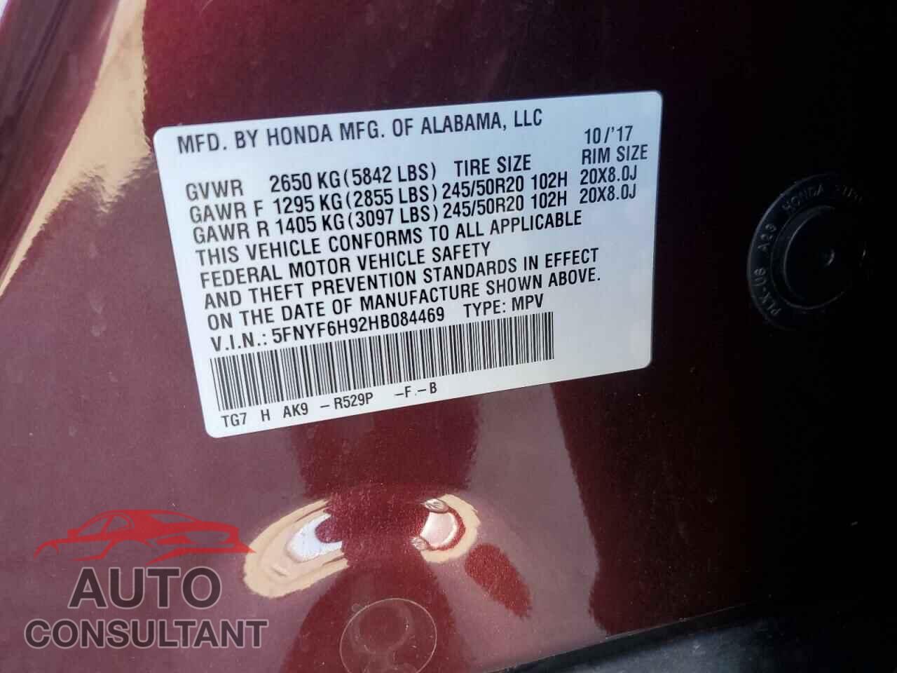 HONDA PILOT 2017 - 5FNYF6H92HB084469