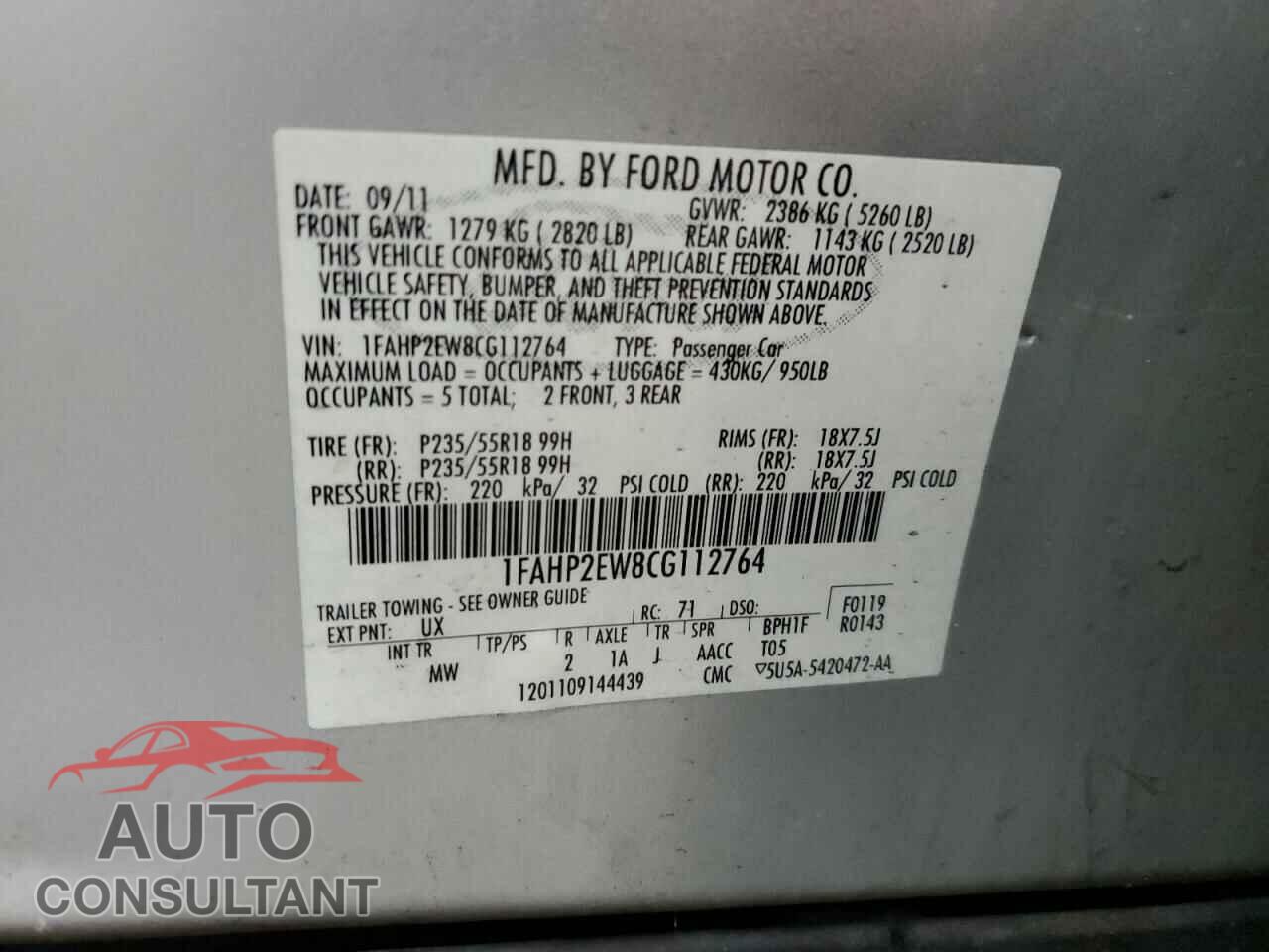 FORD TAURUS 2012 - 1FAHP2EW8CG112764